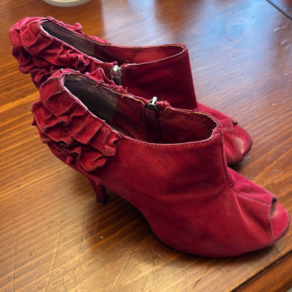 Dollhouse Red Open Toe Ruffle Bootie Heel